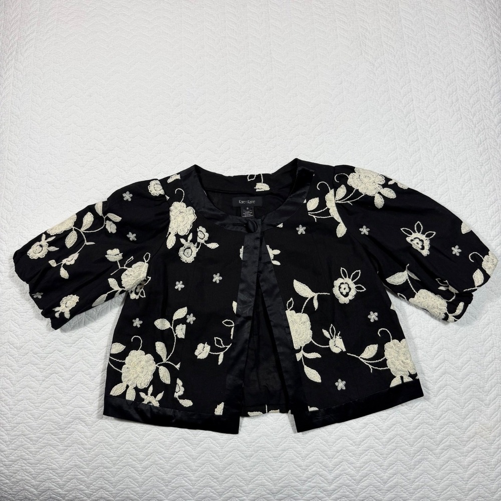 Karen Kane Women Jacket S Floral Embroidered Puff Sleeve Linen Black EUC
